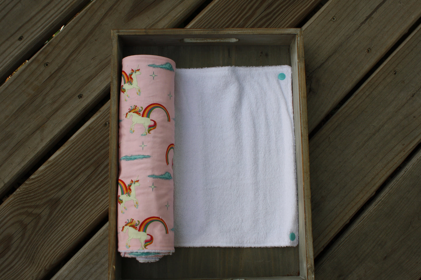 unicorns and rainbows snap together towel set