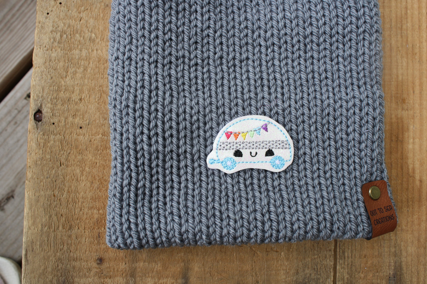 happy camper knit hat