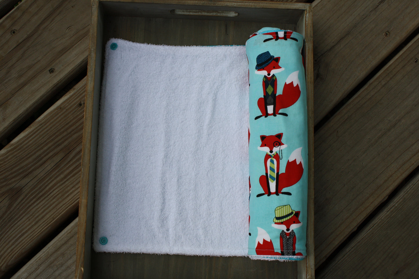 fox and turquoise snap together towel set